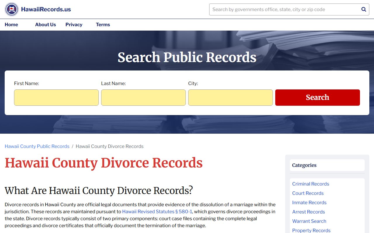Hawaii County divorce records search for Third Circuit dissolution cases