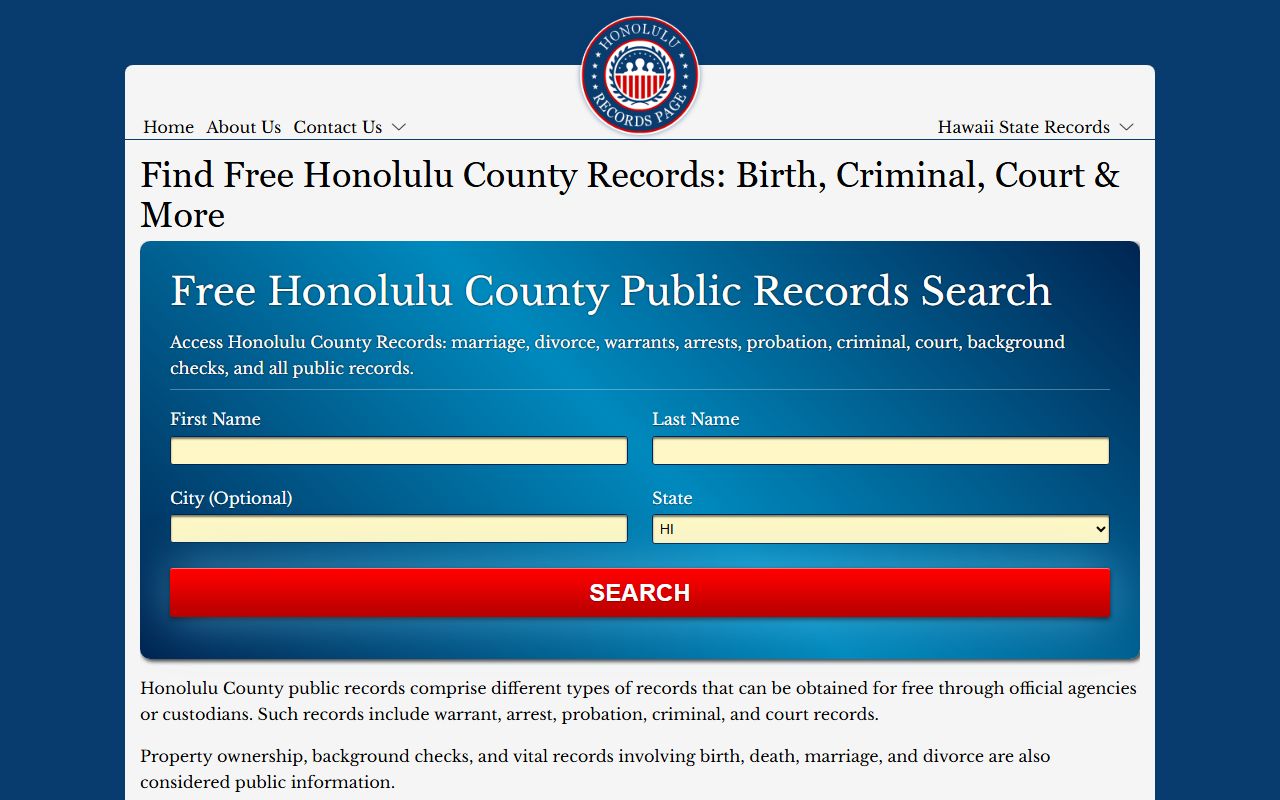 Honolulu County records page showing divorce decree access options