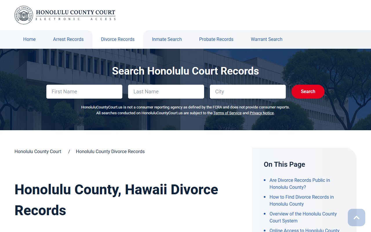 Honolulu County divorce records search through eCourt Kokua system