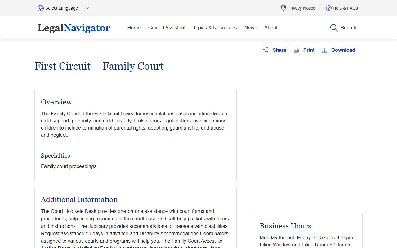Legal Navigator Hawaii First Circuit Family Court information for divorce decree cases