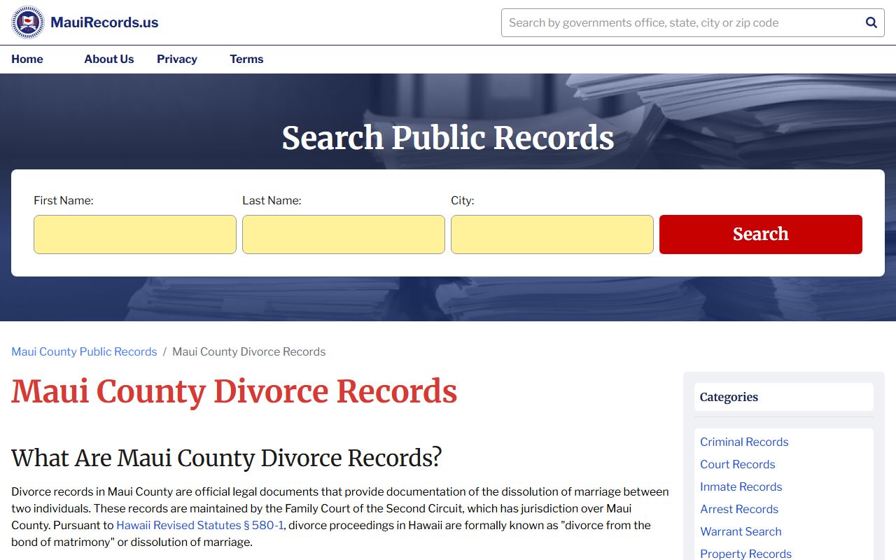 Maui County divorce decree records search through the Hawaii State Judiciary system