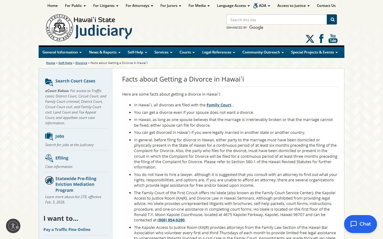 Hawaii State Judiciary divorce facts page covering how to file for divorce and get a divorce decree