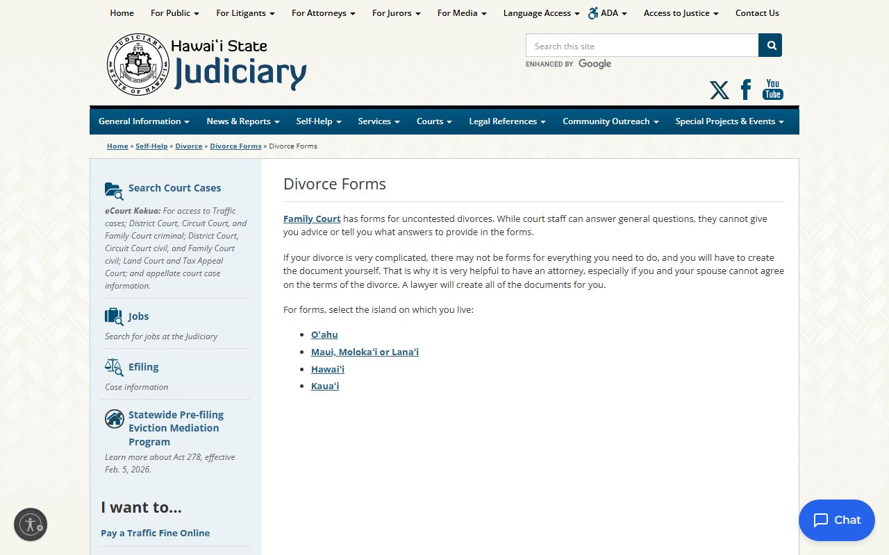 Hawaii Family Court divorce decree forms and self-help packets for dissolution filings