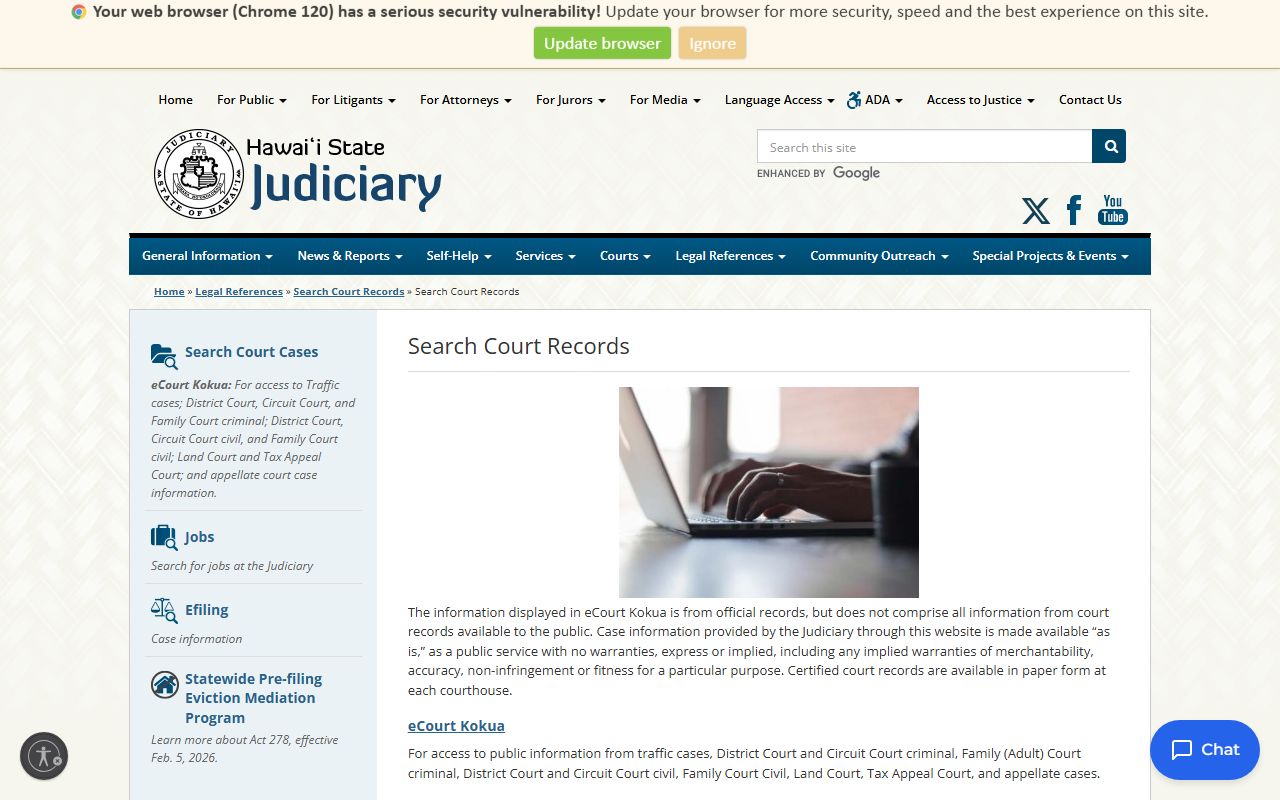 eCourt Kokua online search portal for Hawaii divorce decree records