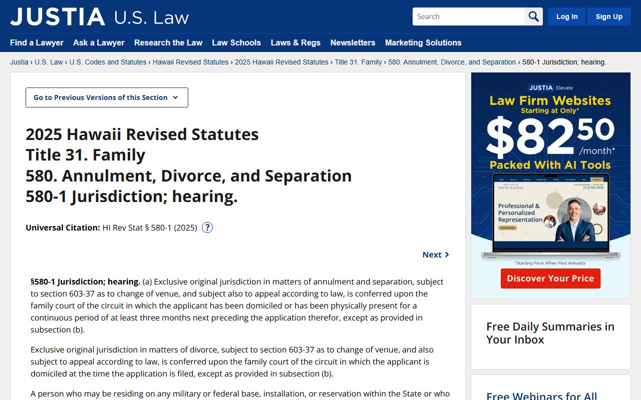 Hawaii Revised Statutes section 580-1 governing jurisdiction over divorce decree cases