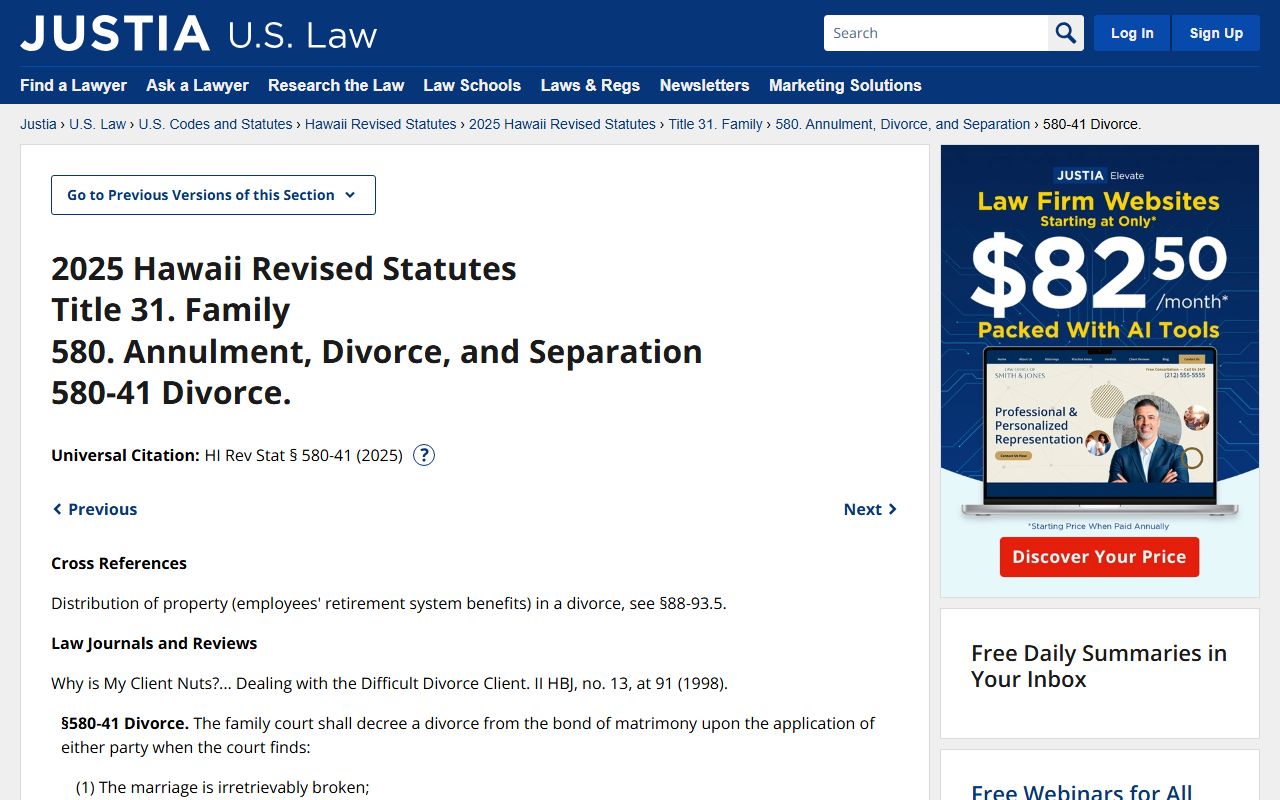 Hawaii Revised Statutes section 580-41 establishing grounds for divorce decree based on irretrievable breakdown