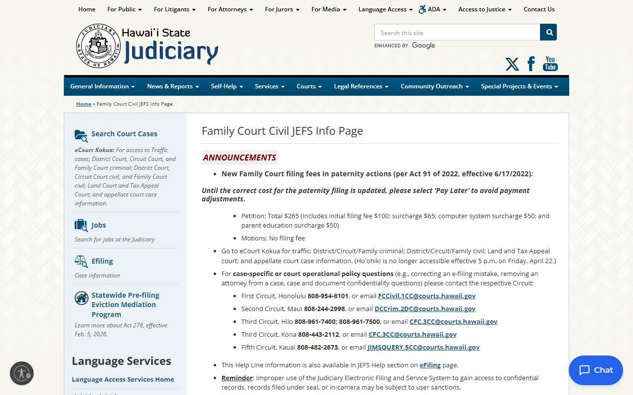 Hawaii Judiciary JEFS electronic filing system information page for divorce decree cases