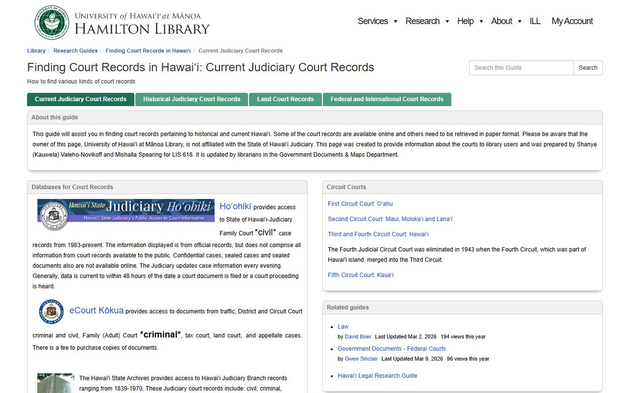 University of Hawaii library guide for finding court records including divorce decree filings